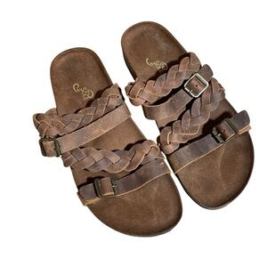 X6- Leather Braided Triple-Strap Slide Sandals in Brown